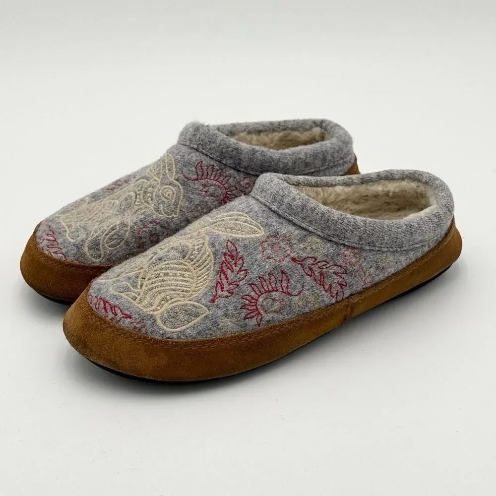 Acorn Women's Forest Mule Slippers in Heather Grey Hare Embroidered Wool Slip On